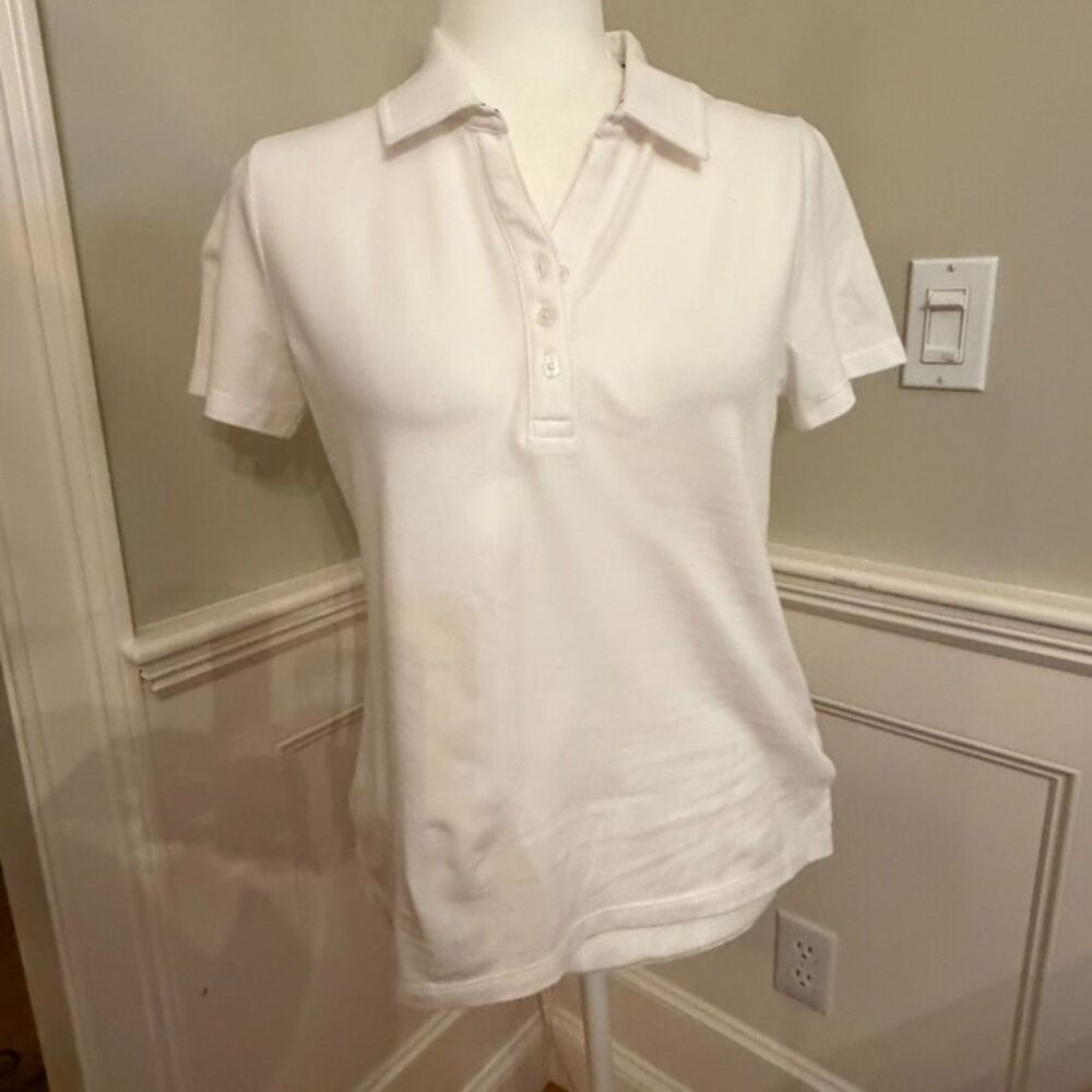Talbots Petites White Stretch Polo Shirt Polka Dot Trim Short Sleeve SP